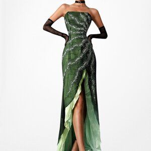 Vintage Y2K Green Strapless Silk Beaded High Low Mesh Maxi Flared Dress Size S